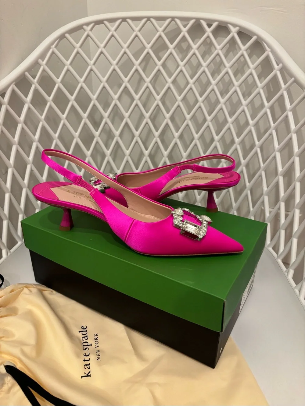 kate spade Fuchsia Satin Slingback Kitten Heel Pumps with Crystal Buckle
